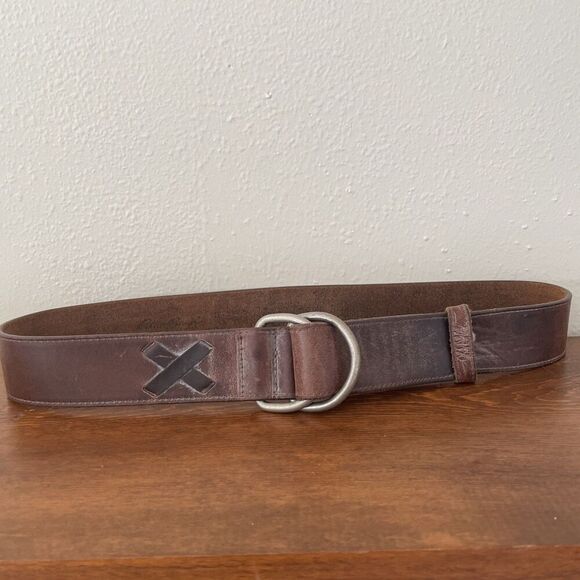 VTG Eddie Bauer Women’s Brown Leather Belt X Buckle Medium Distressed Worn - Picture 1 of 14